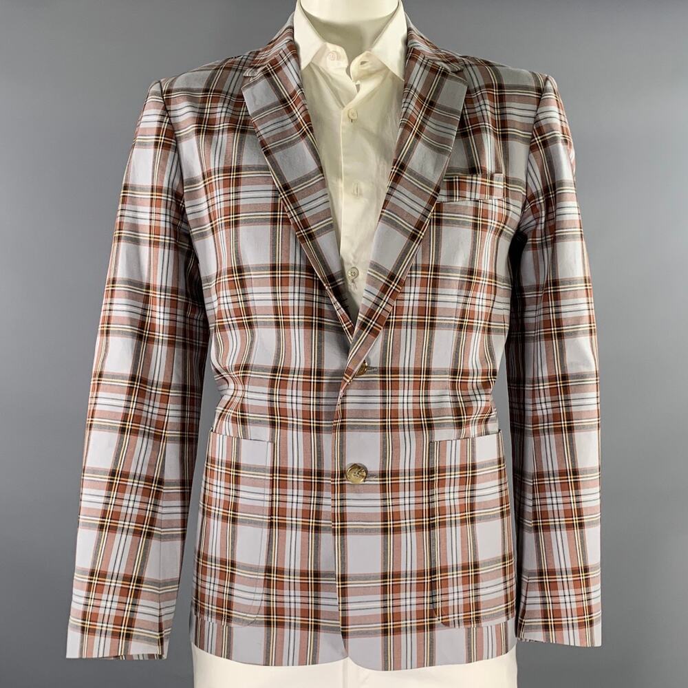 MR TURK Chest Size 42 Grey Brown Plaid Cotton Notch Lapel Sport Coat